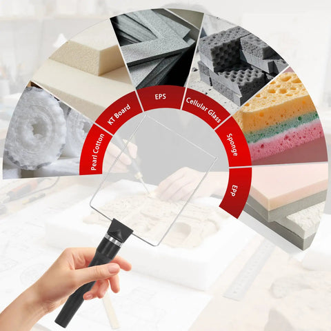 Person using Three In One Foam Cutter Kit with Hot Wire Pen for DIY crafts on various foam materials display background