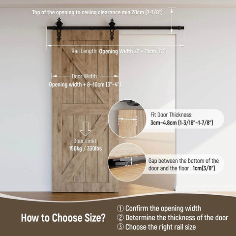 Heavy Duty 6.6-Foot Sliding Barn Door Hardware Kit With Ultra Quiet, Smooth Operation, No Sweat Installation, Fits 39.6 Inch Wide Single Door Panel, Flower Style Black installed, showing measurement details for door fitting.