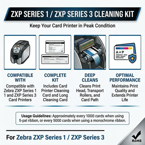 Premium T390 And T156 Cleaning Kit For Zebra ZXP 1 3 8 Card Printers shown with cleaning cards and printer parts, ensures optimal performance.