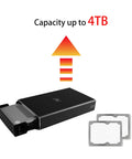 Slick Plug And Play Dual Bay 2.5 Inch SATA SSD HDD RAID Enclosure With Rock Solid USB 3.0, showing capacity up to 4TB, in black.