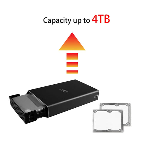 Slick Plug And Play Dual Bay 2.5 Inch SATA SSD HDD RAID Enclosure With Rock Solid USB 3.0, showing capacity up to 4TB, in black.