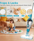 Steam mop with pad near child and dog, showing particles trapped by 8 Pack Replacement Microfiber Steam Mop Pads For Black Decker.