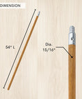 Badass Heavy Duty 54 Inch Replacement Wood Broom Handle With Threaded Metal Tip And Smooth Lacquer showing dimensions, 54" long and 15/16" diameter.