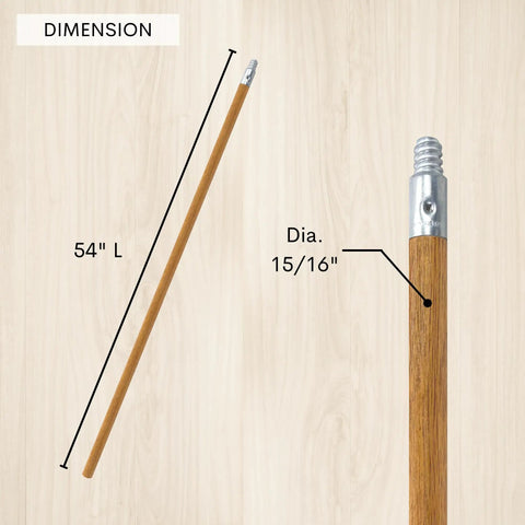 Badass Heavy Duty 54 Inch Replacement Wood Broom Handle With Threaded Metal Tip And Smooth Lacquer showing dimensions, 54" long and 15/16" diameter.