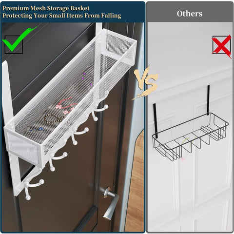 Over The Door Organizer With Mesh Basket And 16 Coat Hooks Space Saver Door Hanger comparison with white back storage rack