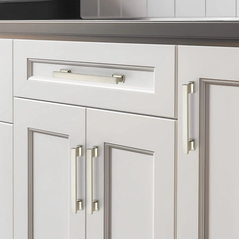 10 Pack 5 Inch Brushed Nickel Cabinet Pulls For Cabinets And Furniture installed on white kitchen cabinets with smooth finish