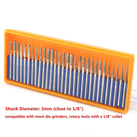 Diamond Grinding Head Set For Carving Burrs Rotary Bits With One Eighth Inch Shank 30 Pack Pro Grade Diamond Tool Bits