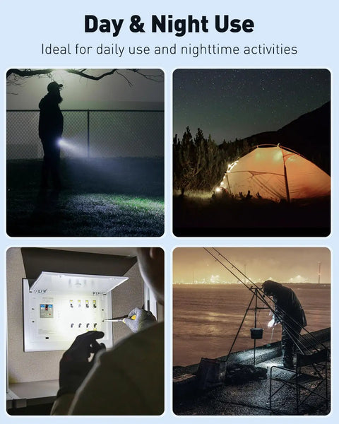 4 images illustrating the use of 5 Pack LED Keychain Flashlights, 12 Lumen Mini Pocket Lights For Outdoor Work Camping And Hiking