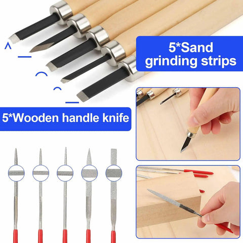 103 Piece Professional Model Tool Kit For Plastic Models And Gunpla featuring wooden handle knives and sand grinding strips for detailing.