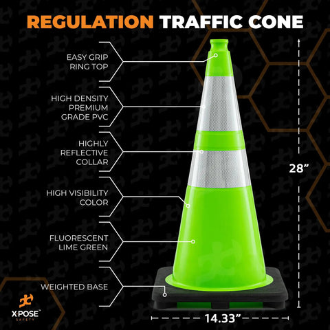 Diagram of 36 Inch Lime Green Traffic Cone With Dual 6 Inch And 4 Inch Reflective Collar Four Pack Heavy Duty PVC Safety Cone