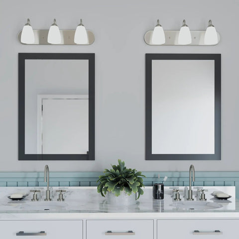 Gather Collection Three Light Bath Vanity Light With Etched Glass Shades In Brushed Nickel Finish For A Spa Vibe Coastal Modern And Transitional Bathrooms With Easy Install above dual mirrors and sinks.
