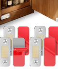 Ultra Slim Magnetic Cabinet Door Catch 4 Pack With Strong Adhesive, stainless steel closure, shown in kitchen cabinet installation.