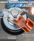 Top view of Pro Grade Magnetic Grounding Welding Clamp with adjustable magnet, showing hand-tighten thumbscrew and copper wire terminals.
