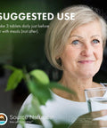 Woman holding water with a suggested use for Heavy Duty Beta Sitosterol Capsules 375 Milligrams 120 Count for daily wellness.