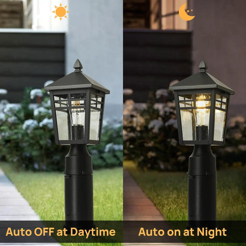 Dusk To Dawn Post Mount Outdoor Light Head With Seeded Glass For Garden Park And Driveway in day and night mode
