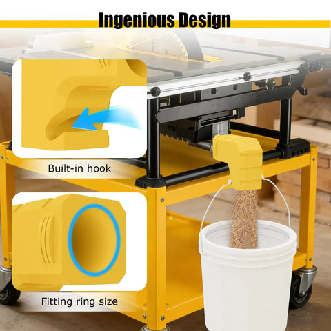 Dust Port Adapter For DWE7485 Table Saw, Fast And Efficient Dust Collection, Compact Plastic Design With Hook attached to saw