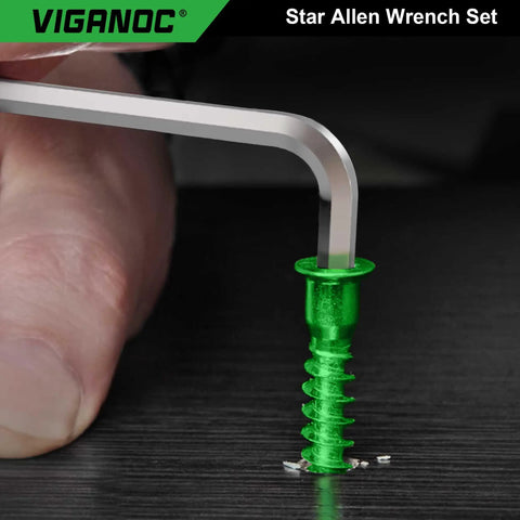 Chrome Vanadium Long Arm Torx Star Allen Wrench Set T10 To T50 Nine Piece Heavy Duty Tools for Automotive use on green screw
