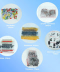 1390 Piece Electronics Component Kit For Makers And DIY Enthusiasts With LEDs Resistors Capacitors Diodes And Transistors Including Electrolytic And Ceramic Capacitors Do It Yourself Starter Set displayed with components in sections