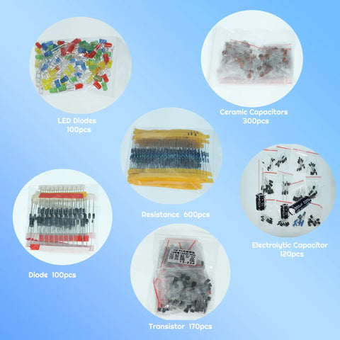 1390 Piece Electronics Component Kit For Makers And DIY Enthusiasts With LEDs Resistors Capacitors Diodes And Transistors Including Electrolytic And Ceramic Capacitors Do It Yourself Starter Set displayed with components in sections