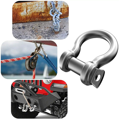 Beefy 3/8 Inch 304 Stainless Steel D Ring Shackles With Screw Pin Anchor Design Rock Solid Rigging Hardware For Traction Wire And Off Road Builds Top Shelf Quality 2 Pack displayed on vehicle and outdoor settings.