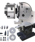 Workhorse Rotary Indexing Head With Three Jaw Chuck And Separate Tailstock For No Sweat Alignment During Precision Milling Drilling Tasks Eight Inch Version with accessories and clamping components.