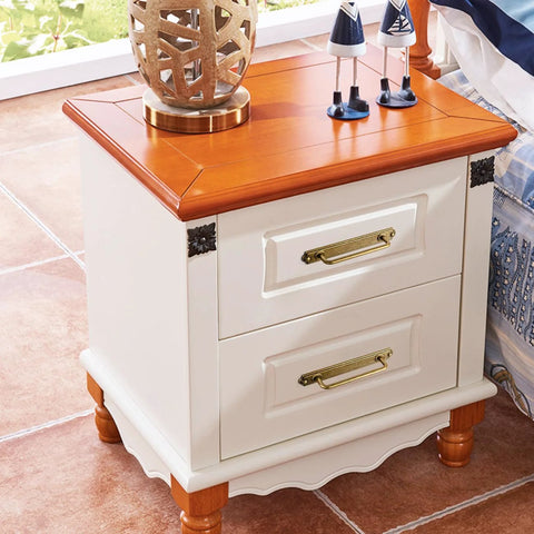 Wooden bedside table with drawers featuring Antique Brass Drawer Pulls With Backplates Five Point Zero Four Inch Center To Center Zinc Alloy Cabinet Handles.