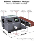 Electric 350W Digital Belt Sander And Knife Sharpener With Variable Speed and Adjustable Angle, showing cast iron body and digital screen.