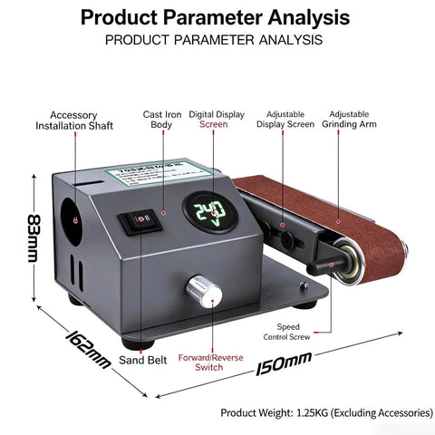 Electric 350W Digital Belt Sander And Knife Sharpener With Variable Speed and Adjustable Angle, showing cast iron body and digital screen.