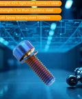 Professional Grade Titanium Hex Head Bolts M6 X 18 mm With Flat Washers In Sharp Burnt Blue Anodized Finish For Badass Bicycle And Motorcycle Gear Including Matching Hardware Kits For Quick Installation On Daily Riders close-up of anodized titanium bolt showing weight and strength features