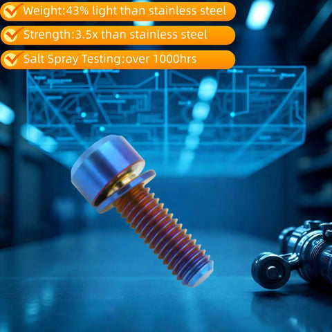 Professional Grade Titanium Hex Head Bolts M6 X 18 mm With Flat Washers In Sharp Burnt Blue Anodized Finish For Badass Bicycle And Motorcycle Gear Including Matching Hardware Kits For Quick Installation On Daily Riders close-up of anodized titanium bolt showing weight and strength features