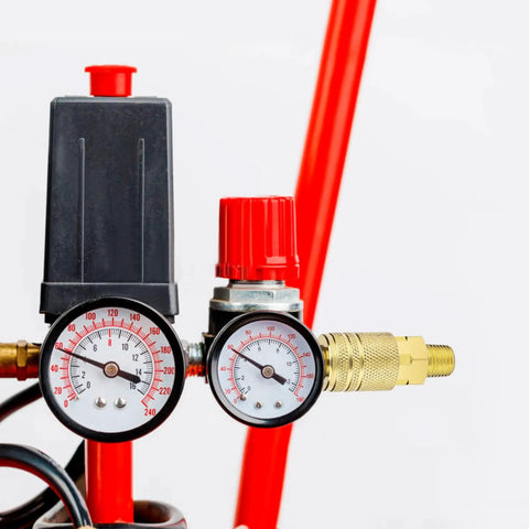 Eight Piece One Quarter Inch NPT Quick Connect Air Hose Fittings Kit with Universal Couplers attached to pressure gauges