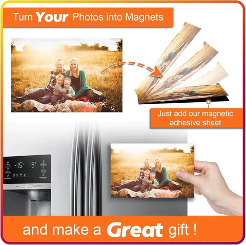 Non Adhesive Magnetic Sheets 8.5 By 11 Inches 30 Mil Thick 4 Pack for crafts and photo magnets shown in use on refrigerator