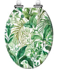 Elongated Resin Toilet Seat for Bathroom with leafy green botanical design, round shape and shiny chrome hinges.