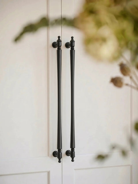 Matte Black Cabinet Pulls 12 5 8 Inch Hole Centers 6 Pack Zinc Alloy Modern Drawer Handles on white cabinet
