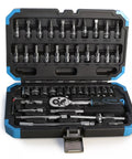 46 Piece One Quarter Inch Drive Socket Ratchet Wrench Set With Metric Sockets And Bit Set Plus Extension Bars Universal Joint And Storage Case Built From CR V Steel For Auto Repair And Home Projects Your Go To DIY Kit, open case view showing tools arranged neatly in compartments.