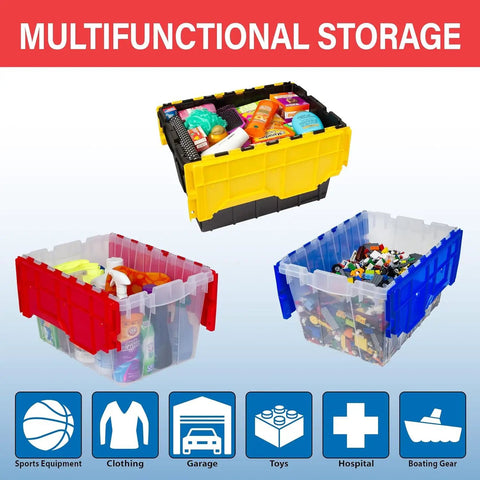 KeepBox 12 Gallon Stackable Storage Tote With Attached Lid For Easy Nesting Clear Plastic Box, shown storing various items.