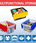 Heavy Duty 12 Gallon Storage Containers With Attached Lids, Stackable Workshop Totes For Garage Organization Setup, Built Like A Tank Plastic Bins In Black And Yellow with various items.