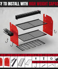 Exploded view of All In One Wall Mounted Power Tool Organizer With Built In Eight Outlet Charging Station and rack components.