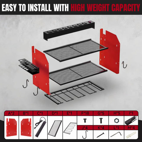 Exploded view of All In One Wall Mounted Power Tool Organizer With Built In Eight Outlet Charging Station and rack components.