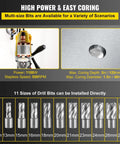 Magnetic Drill Press 40mm For Steel 1100W Copper Motor details, showing drill specifications and adjustable drill bit sizes.
