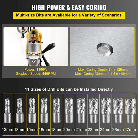 Magnetic Drill Press 40mm For Steel 1100W Copper Motor details, showing drill specifications and adjustable drill bit sizes.