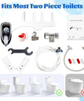 Bidet Toilet Attachment With Self Cleaning, Hot And Cold Water Spray components, fits most two-piece toilets, installation kit shown.