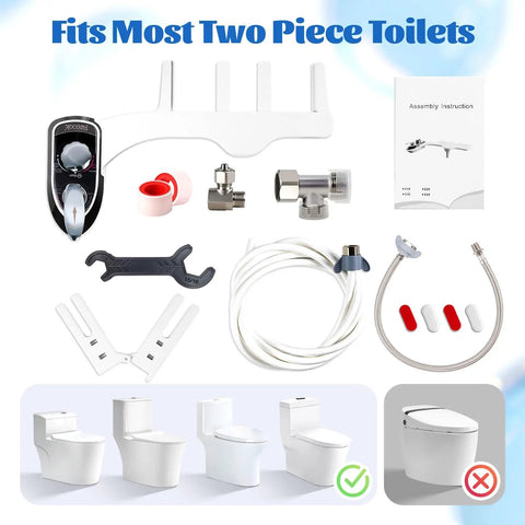 Bidet Toilet Attachment With Self Cleaning, Hot And Cold Water Spray components, fits most two-piece toilets, installation kit shown.
