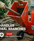 Ultra Duty 7 HP Gas Powered Wood Chipper Shredder Mulcher For Backyard Cleanup Handles 3 Inch Wood Capacity shown processing branch