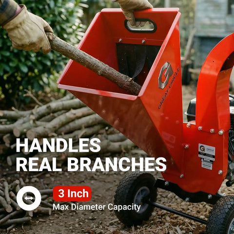 Ultra Duty 7 HP Gas Powered Wood Chipper Shredder Mulcher For Backyard Cleanup Handles 3 Inch Wood Capacity shown processing branch