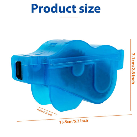Must Have Ultimate Chain Cleaner Kit For Bikes showing product size in blue plastic with dimensions.