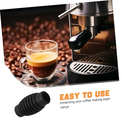 Espresso machine with steam wand and black rubber insulation sleeve beside a coffee cup on a bean background