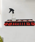 Heavy Duty Galvanized Spray Bottle Wall Mount Rack With Triple Hanging Hooks For Garage Car Wash Cleanup And Shop Storage To Keep Your Gear Sorted And Your Setup On Point with red hooks and a spray bottle.