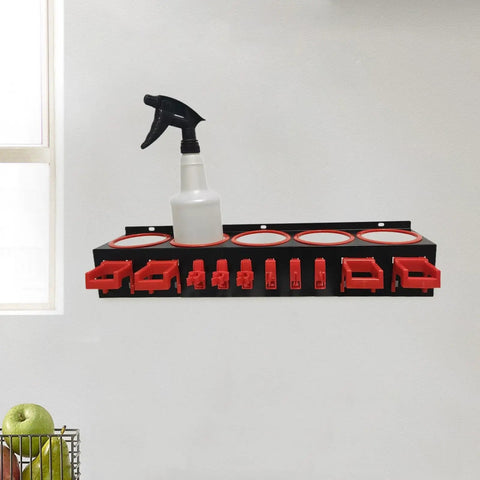Heavy Duty Galvanized Spray Bottle Wall Mount Rack With Triple Hanging Hooks For Garage Car Wash Cleanup And Shop Storage To Keep Your Gear Sorted And Your Setup On Point with red hooks and a spray bottle.