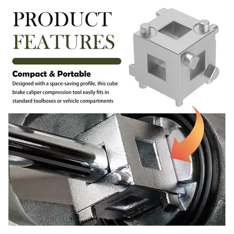 Rear Brake Caliper Piston Tool With Three Eighths Square Drive, Six Sides Caliper Compression Tool For Disc Brakes, Steel Auto Brake Caliper Reset Tool For Piston Adjustment, close-up view of compact 6-sided steel body in use on disc brakes.